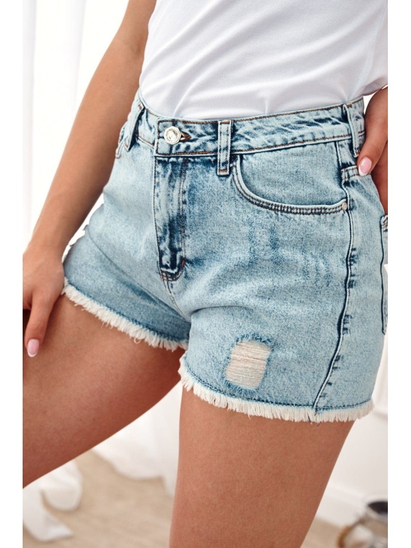 Short denim shorts with abrasions, light blue 30080 - Online store - Boutique